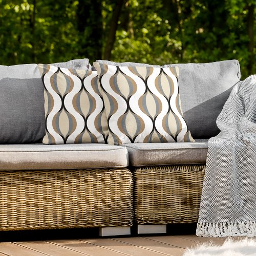 Taupe Beige Tan Gray White Black Ogee Waves Outdoor Pillow