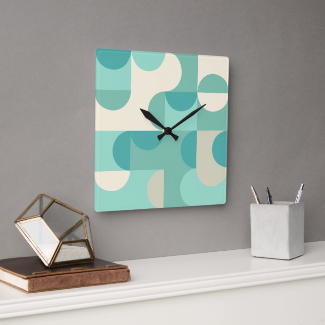 Taupe Beige Teal Blue Mint Green Circles Pattern Square Wall Clock (Office)
