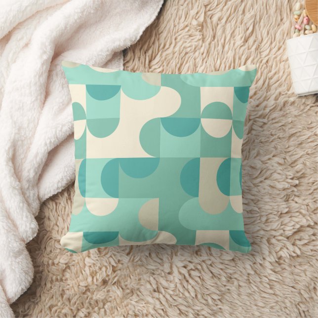 Taupe Beige Teal Blue Mint Green Circles Pattern Throw Pillow (Blanket)