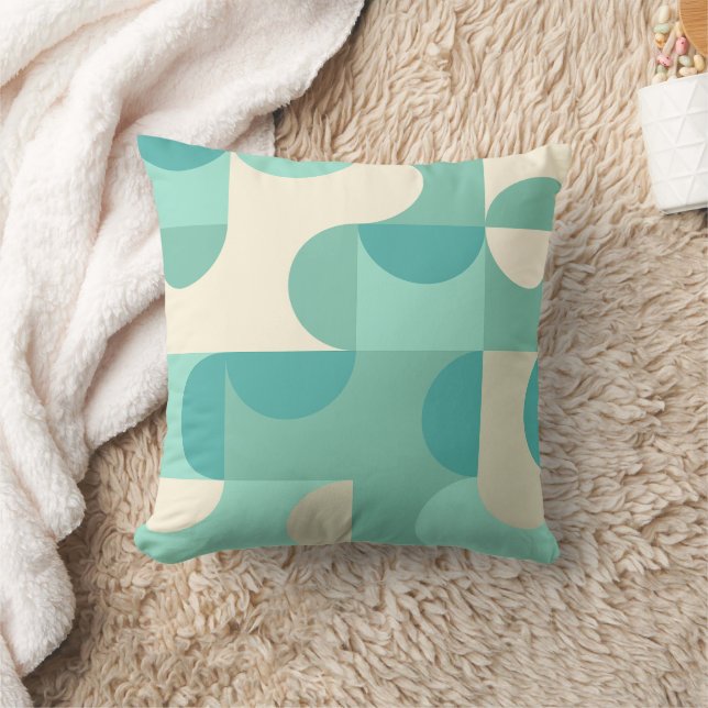 Taupe Beige Teal Blue Mint Green Circles Pattern Throw Pillow (Blanket)