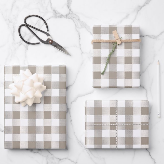 Taupe Beige White Plaid Pattern  Wrapping Paper Sheets (Front)