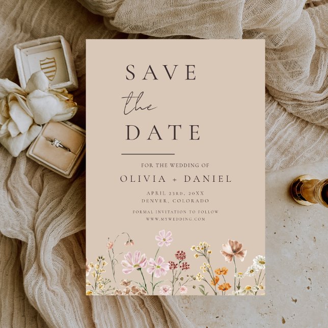 Taupe Beige Wildflowers Boho Save the Date (Creator Uploaded)