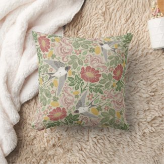 Taupe Birds, Flowers and Scrolls Pillow 16x16