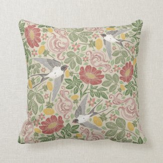 Taupe Birds, Flowers and Scrolls Pillow 16x16