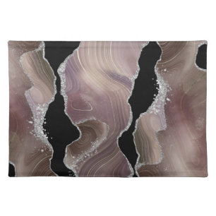 Taupe & Black Agate with Silver Glitter Geode Cloth Placemat