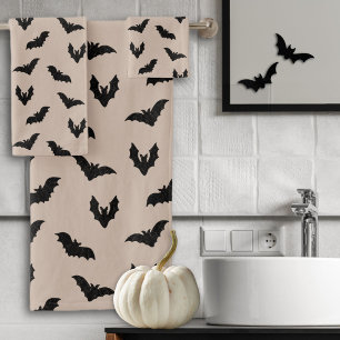 Taupe Black Spooky Bats Haunted Vintage Halloween Bath Towel Set