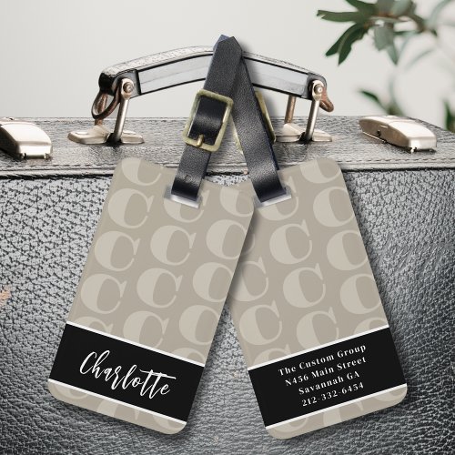 Taupe Black White Modern Monogram Initial Letter  Luggage Tag