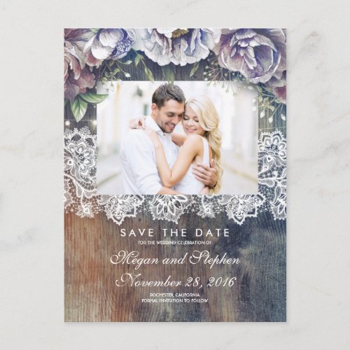 Taupe Blue and Maroon Floral Rustic Save the Date Announcement Postcard