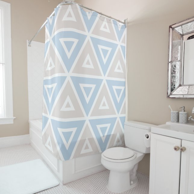 Taupe Blue Triangle Geometric Pattern Shower Curtain (In Situ)