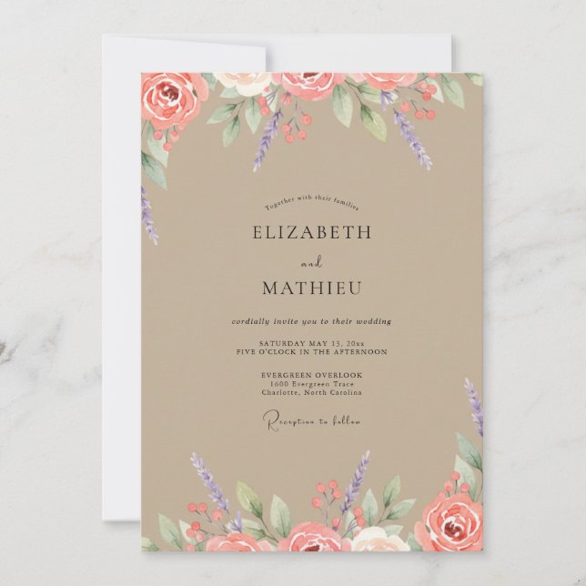 Taupe Blush Coral Peony Wedding Invitation (Front)