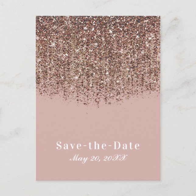 Taupe Blush Pink Rose Bronze Glitter Save the Date Announcement Postcard (Front)