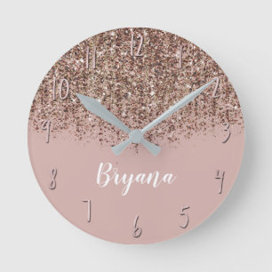 Taupe Blush Pink Rose Bronze Gold Glitter Glam Round Clock