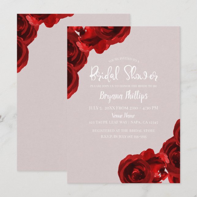 Taupe Blush Red Watercolor Roses Bridal Shower Invitation (Front/Back)