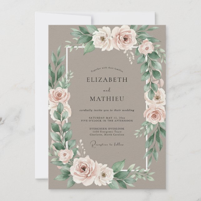 Taupe Blush Rose Wreath Wedding Invitation (Front)