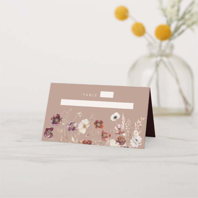 Taupe Boho Fall Wildflower Wedding Place Card (Front)
