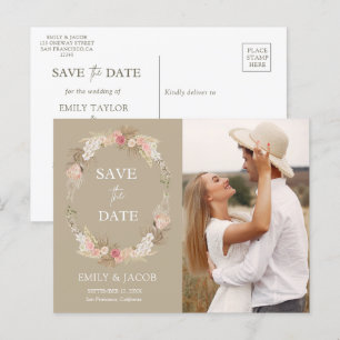 Taupe Boho floral wreath Save the date Postcard