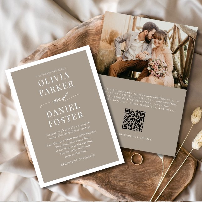 Taupe Boho QR Code Photo Minimalist Wedding Invitation (Creator Uploaded)