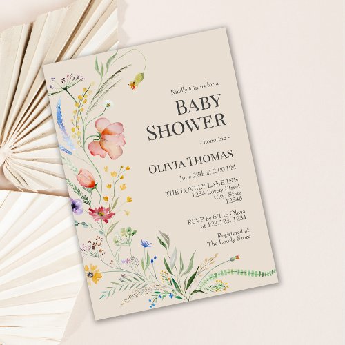 Taupe Boho Wildflowers Baby Shower Invitation