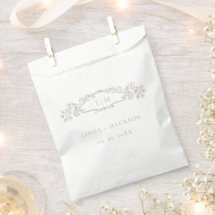 Taupe  botanical crest monogram wedding favor bag