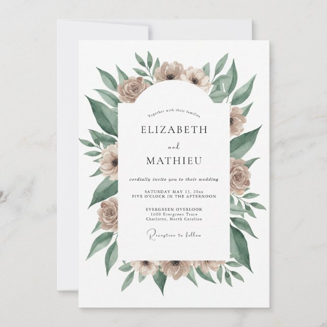 Taupe Botanical Flourish Wedding Invitation (Front)