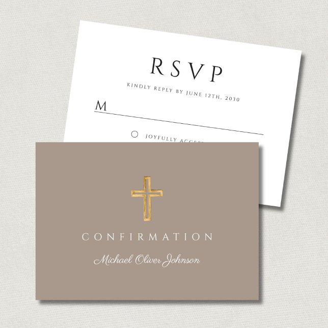 Taupe Boy Religious Cross Confirmation RSVP Card (Taupe Boy Religious Cross Confirmation RSVP Card)