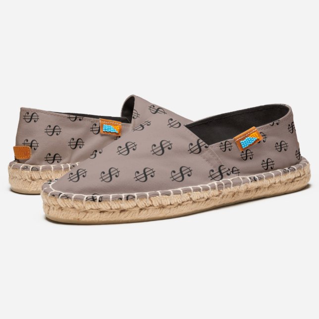 Taupe Brown  and Black Dollar Sign Pattern Espadrilles (Angled)