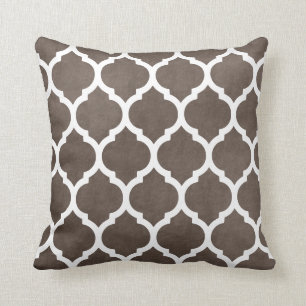 Taupe Brown and White Classic Trellis Quatrefoil Throw Pillow