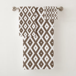 Taupe brown and white diamond pattern bath towel set