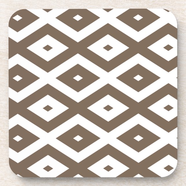 Taupe brown and white diamond pattern beverage coaster (Front)