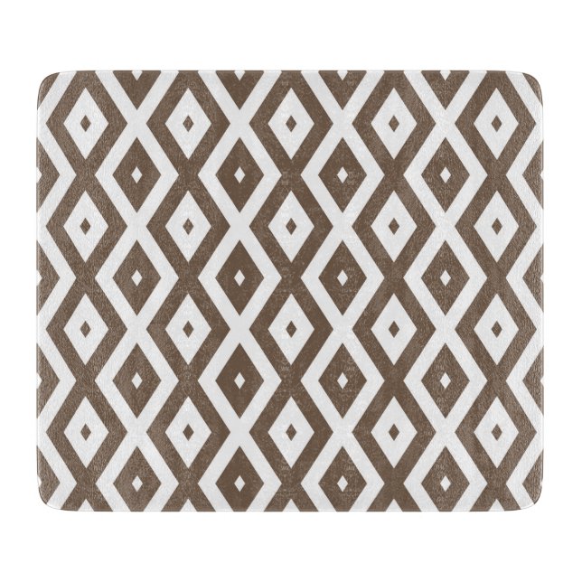 Taupe brown and white diamond pattern cutting board (Front)