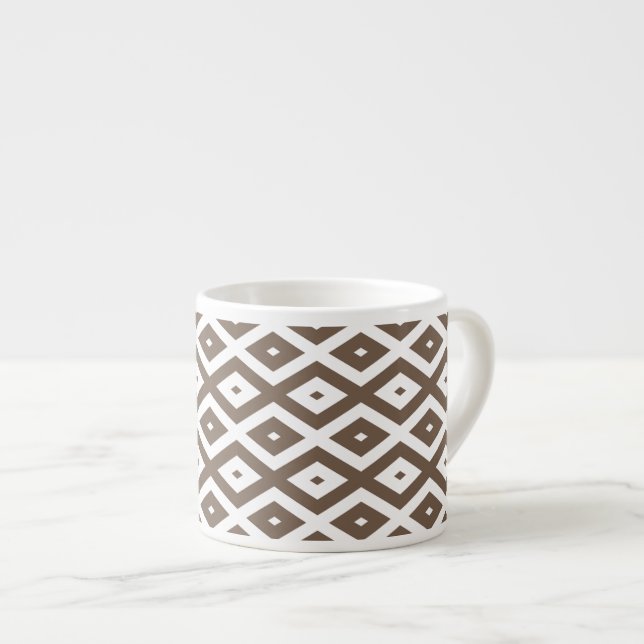 Taupe brown and white diamond pattern espresso cup (Front Right)