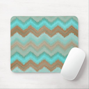 Taupe Brown Aqua Turquoise Ikat Zigzag Pattern Mouse Pad