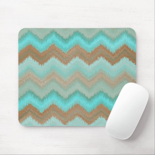 Taupe Brown Aqua Turquoise Ikat Zigzag Pattern Mouse Pad