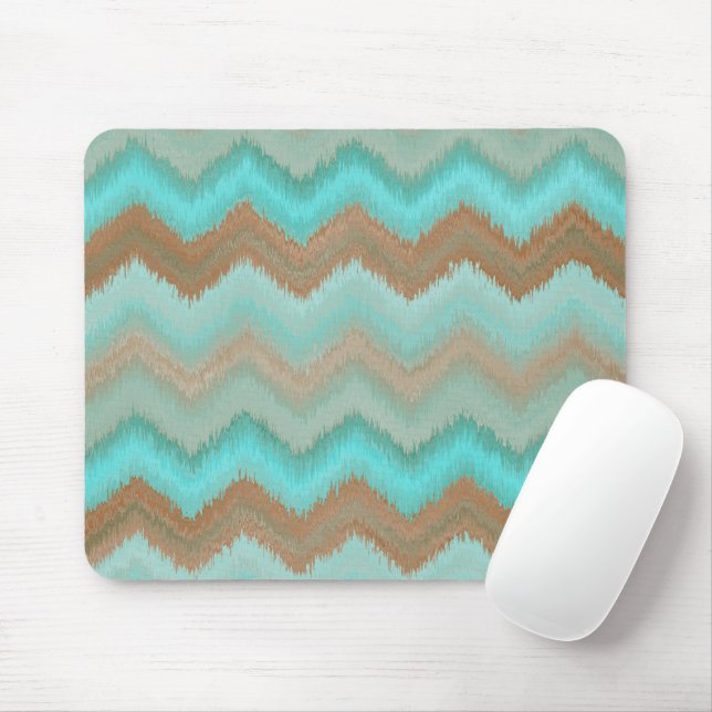 Taupe Brown Aqua Turquoise Ikat Zigzag Pattern Mouse Pad (With Mouse)