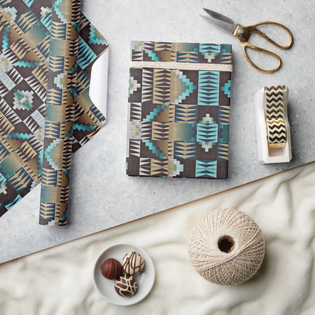 Taupe Brown Beige Aqua Turquoise Blue Tribe Art Wrapping Paper (Crafts)