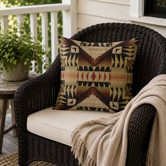 Taupe Brown Beige Dark Red Black Tribal Art Outdoor Pillow