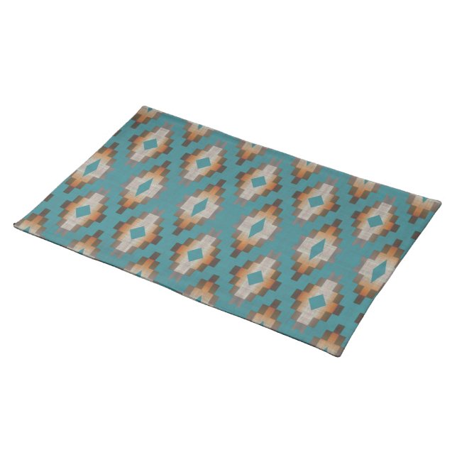 Taupe Brown Blue Teal Orange Tribal Art Pattern Cloth Placemat (On Table)