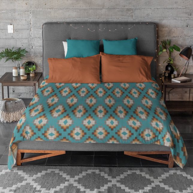 Taupe Brown Blue Teal Orange Tribal Art Pattern Duvet Cover (Creator Uploaded)