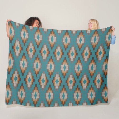 Taupe Brown Blue Teal Orange Tribal Art Pattern Fleece Blanket