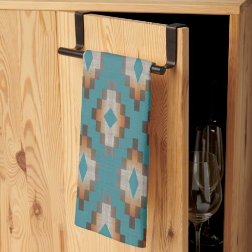 Taupe Brown Blue Teal Orange Tribal Art Pattern Kitchen Towel