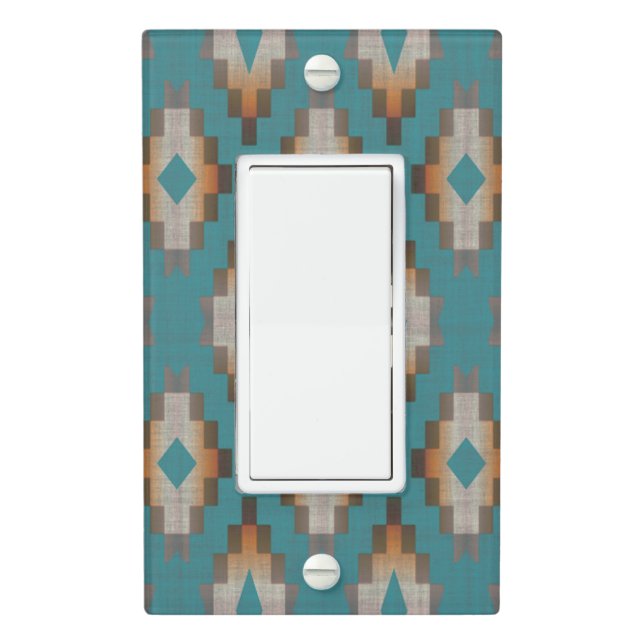Taupe Brown Blue Teal Orange Tribal Art Pattern Light Switch Cover (In Situ)