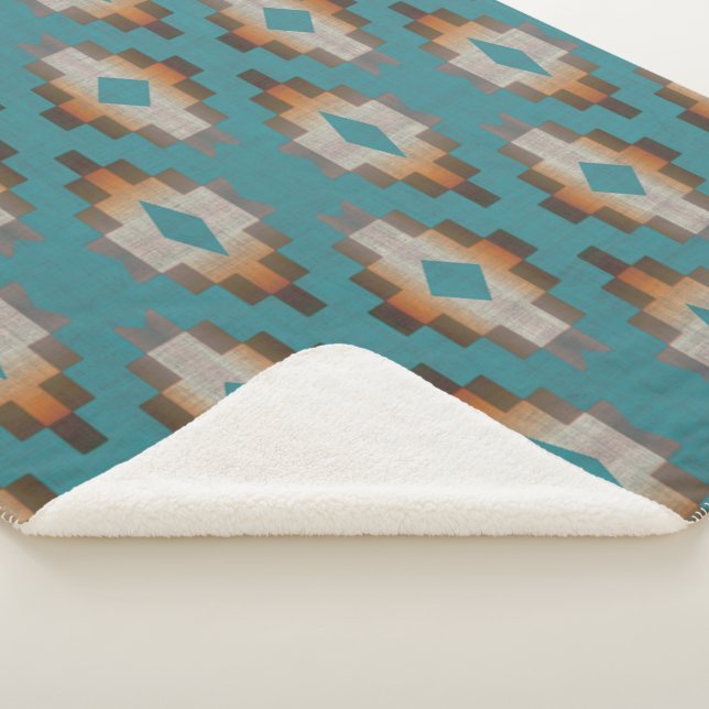 Taupe Brown Blue Teal Orange Tribal Art Pattern Sherpa Blanket (3/4)
