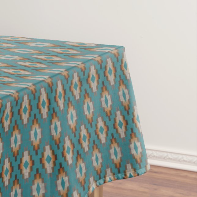 Taupe Brown Blue Teal Orange Tribal Art Pattern Tablecloth (In Situ)