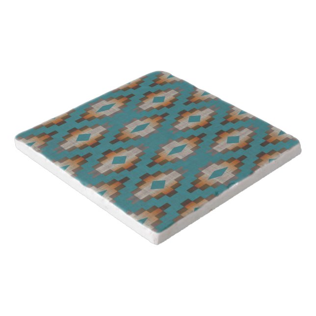 Taupe Brown Blue Teal Orange Tribal Art Pattern Trivet (Corner)