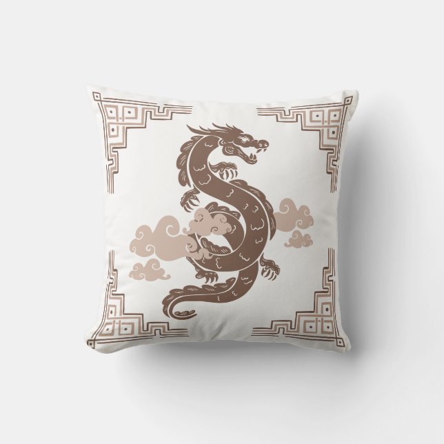 Taupe Brown Chinoiserie Dragon and Clouds Throw Pillow (Front)