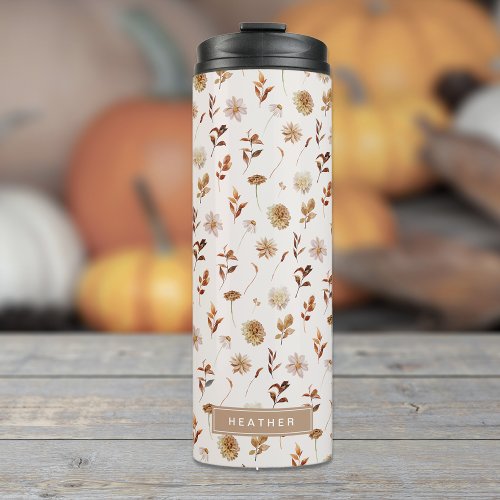 Taupe Brown Fall Watercolor Botanical Monogrammed Thermal Tumbler