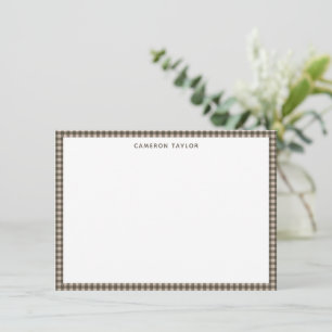 Taupe Brown Gingham Check Personalized Name Note Card