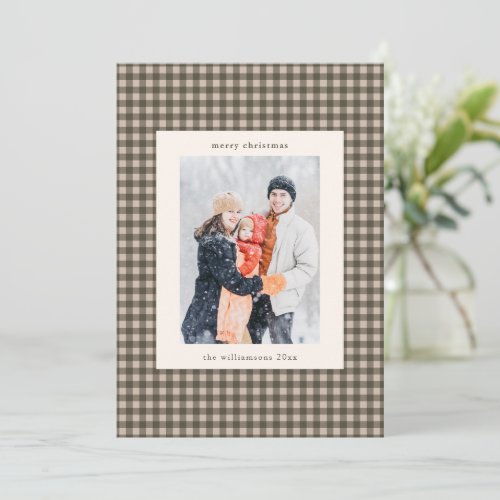 Taupe Brown Gingham Custom Family Photo Christmas Holiday Card
