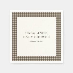 Taupe Brown Gingham Plaid Custom Baby Shower Napkins