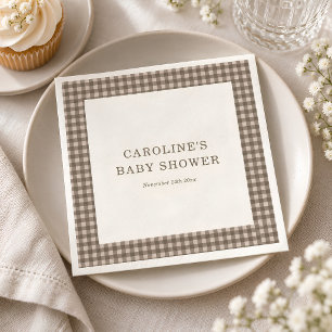 Taupe Brown Gingham Plaid Custom Baby Shower Napkins